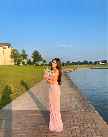 Pink Spaghetti Straps Long Prom Dress Open Back Party Evening Gown cc2263