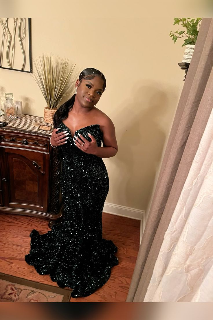 Mermaid Dark Green Sequins Long Prom Dresses cc521