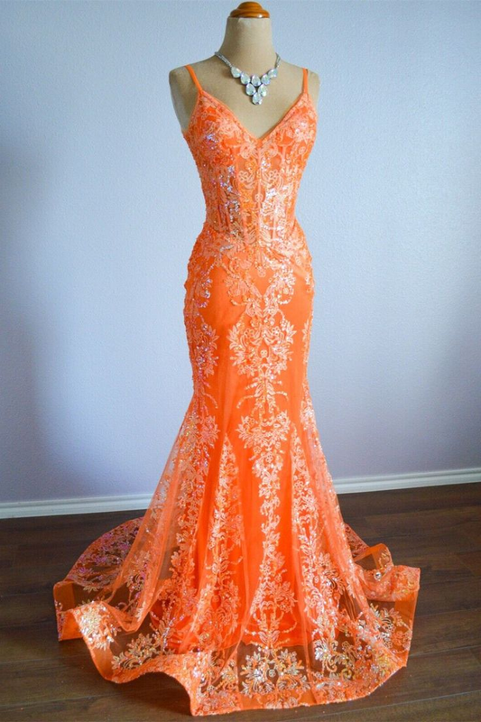 Orange Mermaid Spaghetti Straps Sequins Applique Long Prom Dress  cc1002