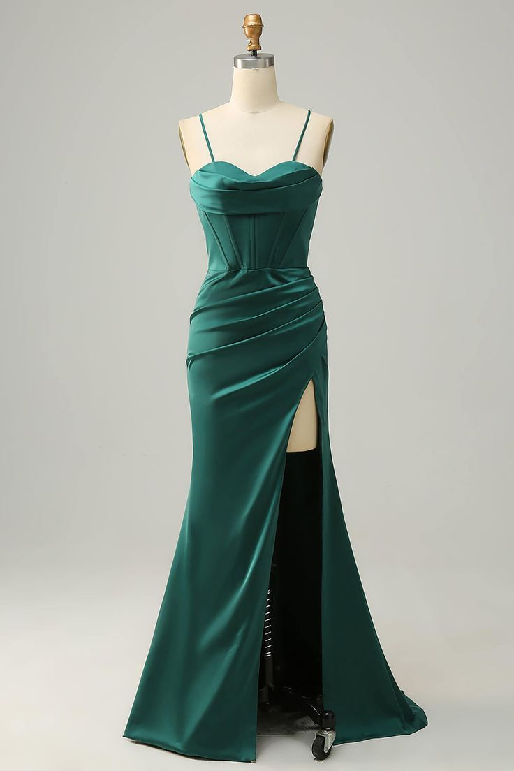 Pretty Mermaid Spaghetti Straps High Slit Prom Dress Dark Green Party Evening Gown cc1803