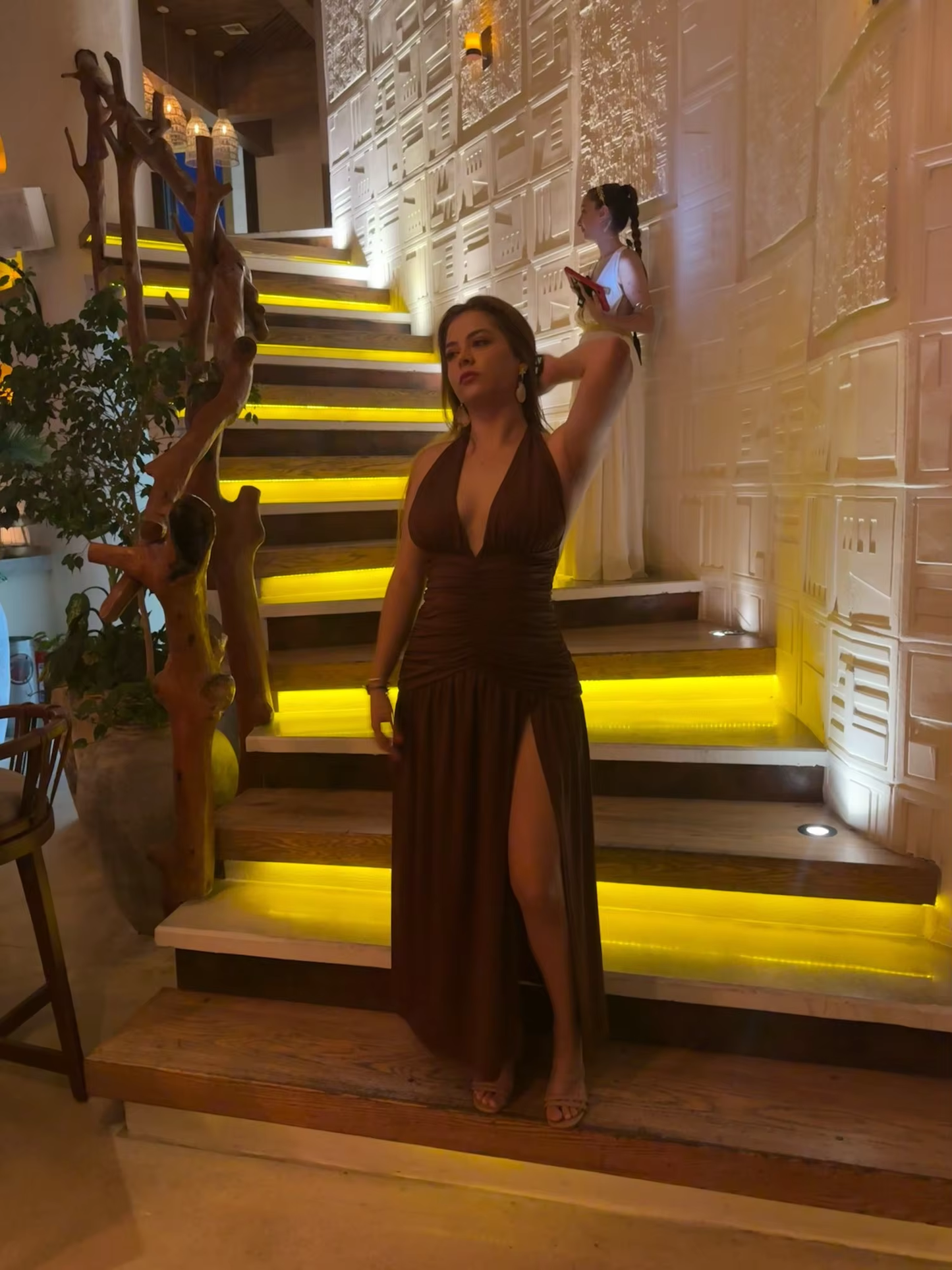 Sexy Halter Backless Party Evening Dress,Brown V Neck Slit Prom Dress cc2915