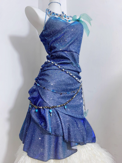 Glitter Blue Spaghetti Straps Short Ruffle Cocktail Dress Formal Homecoming Dress cc3229
