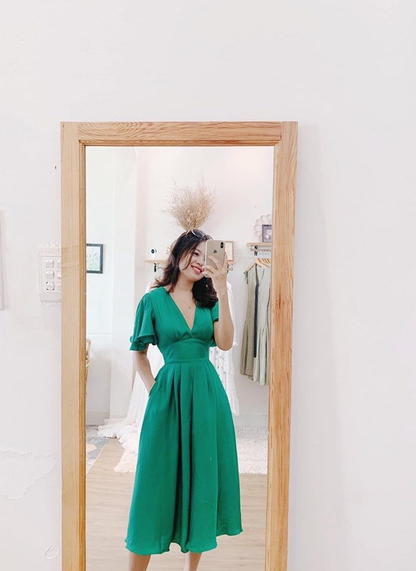 Green A-line V Neck Party Dress,Wedding Guest Outfit cc841