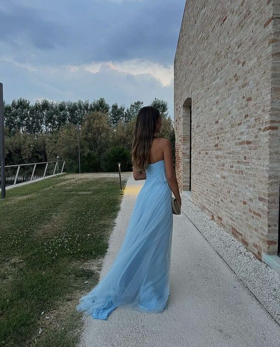 Sexy A Line Long Strapless Light Blue Slit Prom Dresses cc1217