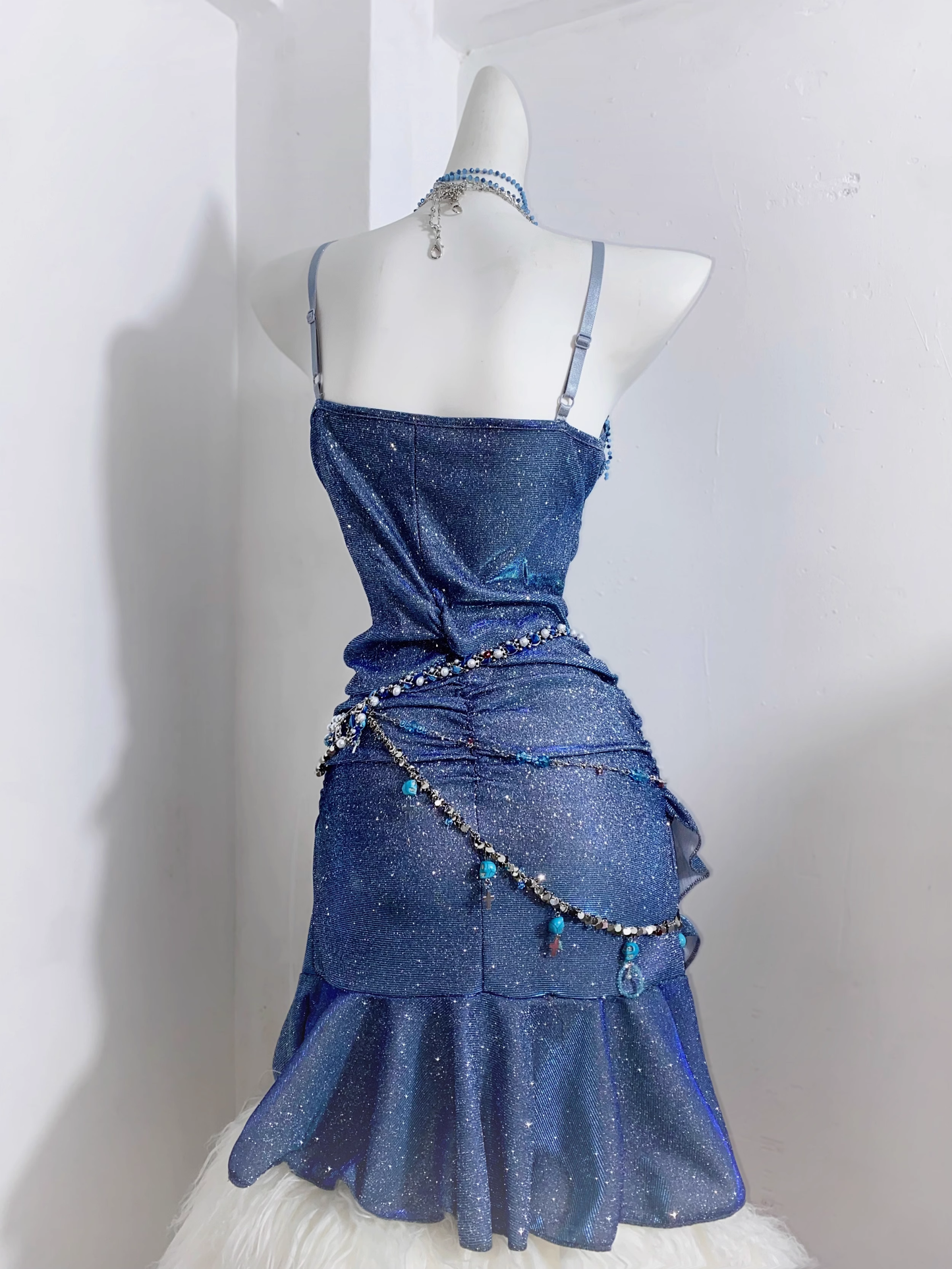 Glitter Blue Spaghetti Straps Short Ruffle Cocktail Dress Formal Homecoming Dress cc3229