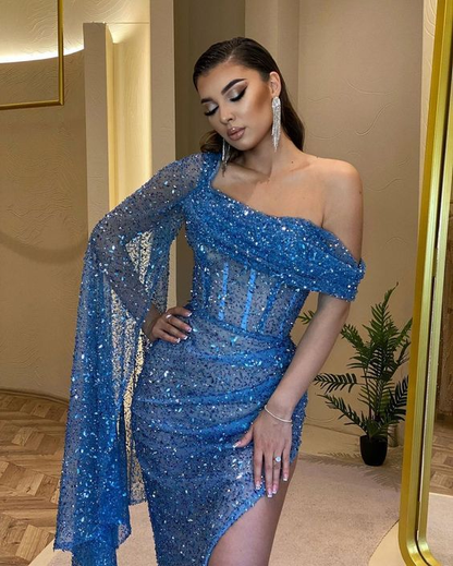 Sexy Blue Mermaid High Slit Maxi Long Prom Dress,Evening Dress cc630