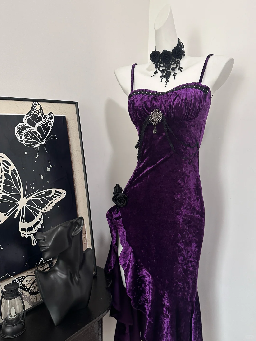 Chic Purple Spaghetti Straps Velvet Ruffles Birthday Outfits Long Party Dress cc3222