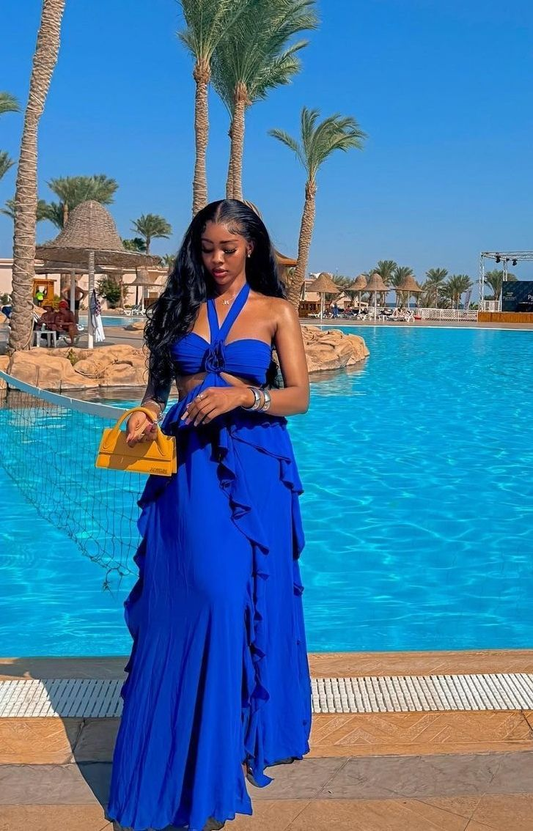 Beautiful  A Line Halter Chiffon Royal Blue Long Prom Dress,Ruffles Evening Dress  cc2410