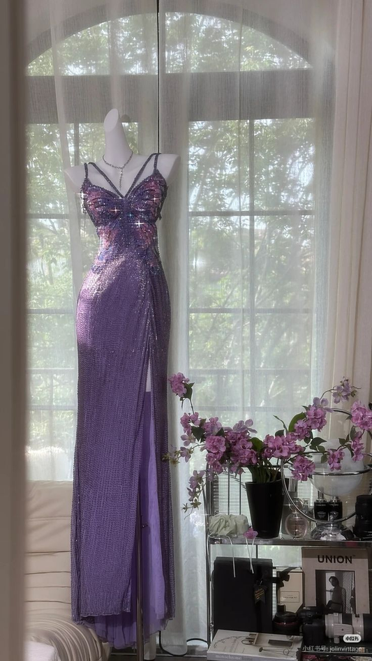 Classy Lavender Chiffon Sequin Spaghetti Strap Slit Party Gown Prom Dress cc3024