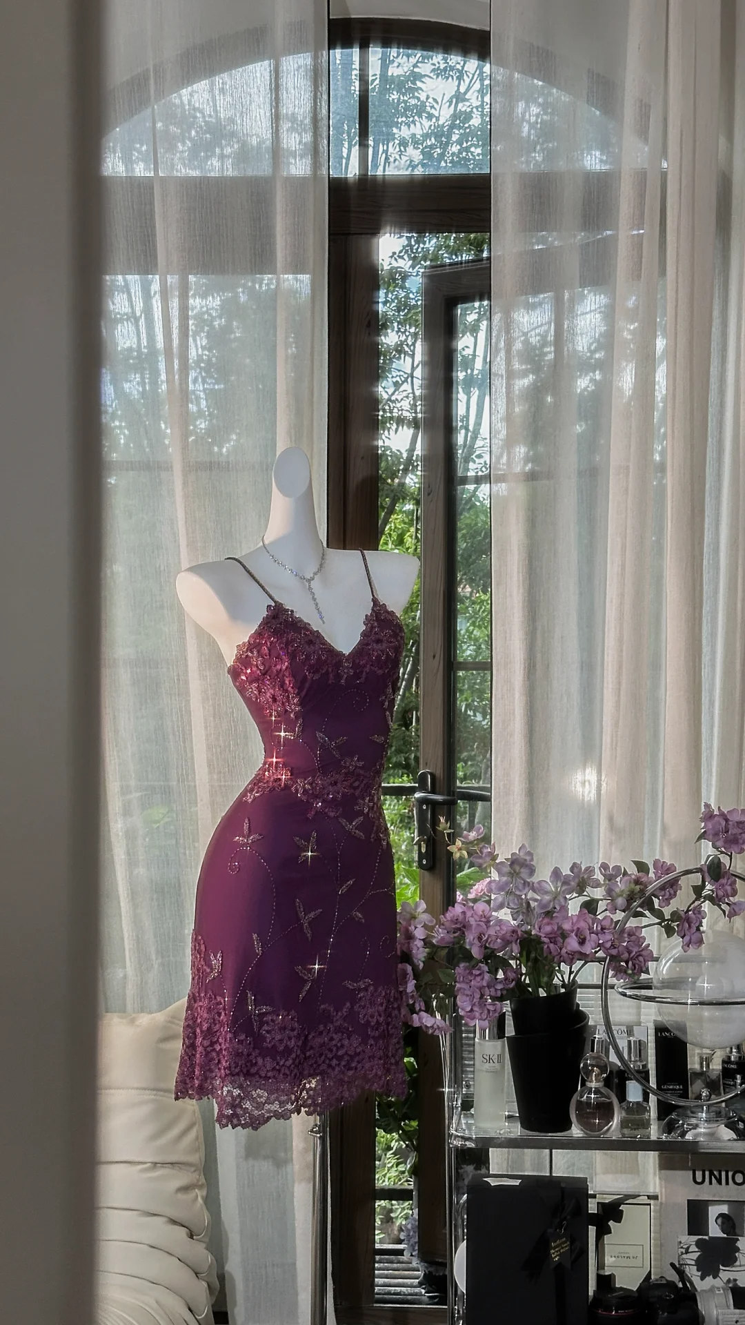 Charming Purple Straps Lace Beaded Sheath Short Birthday Outfits Cocktail Dress 7th Grade Homecoming Dress cc3338