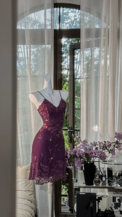 Charming Purple Straps Lace Beaded Sheath Short Birthday Outfits Cocktail Dress 7th Grade Homecoming Dress cc3338