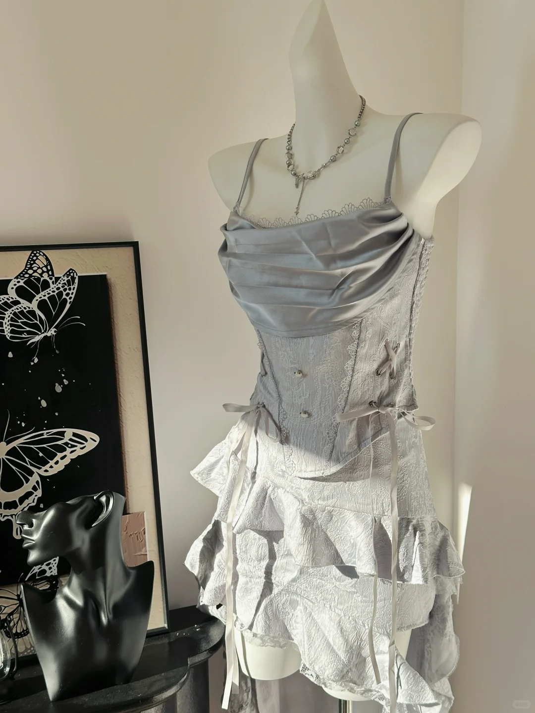 Cute Spaghetti Straps Satin Lace Ruffles A Line Homecoming Dress Formal Birthday Outfits cc3225