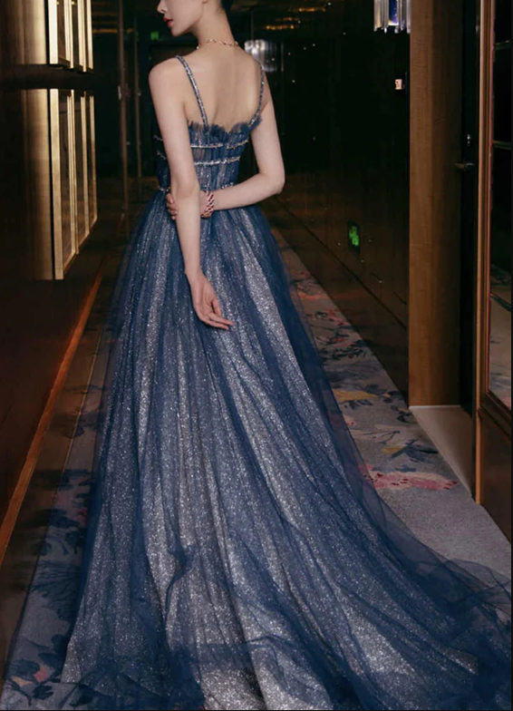 Shiny tulle long A line prom dress blue evening dress C2379