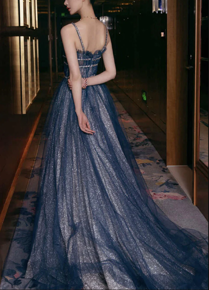 Shiny tulle long A line prom dress blue evening dress C2379