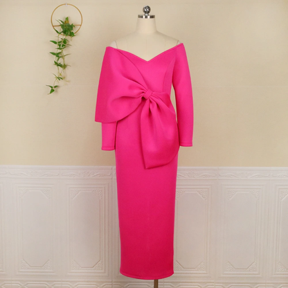 Women's Elegant V-Neck Off Shoulder Long Dress Big Knot Slim Evening Dresses Boutique Occasion Dresses cc640