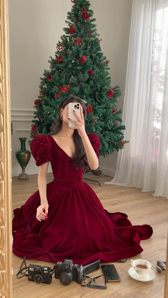 Dark Red Velvet V Neck Short Puff Sleeve Beaded A Line Floor Length Evening Dress cc600