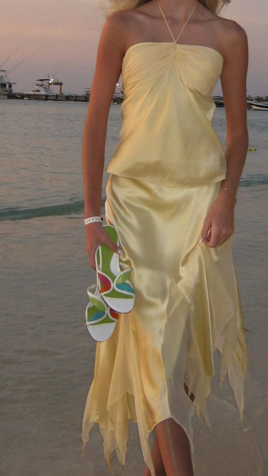 Yellow Mermaid Halter Satin Prom Dress Party Evening Dress cc2586