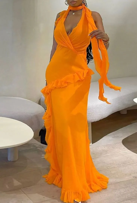 Chic Orange Chiffon Ruffles Evening Dress Slit Party Prom Dress cc2373