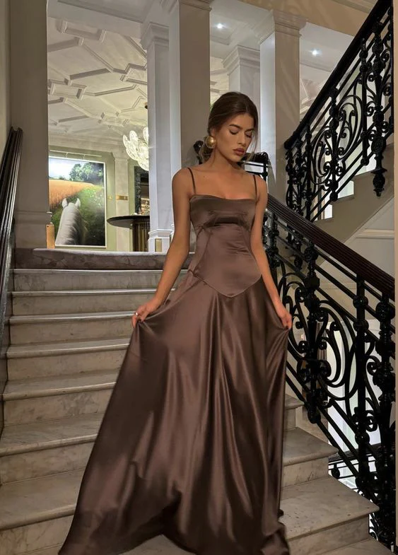 Vintage Brown Spaghetti Straps Prom Dress Long A Line Satin Party Evening Dress cc1473