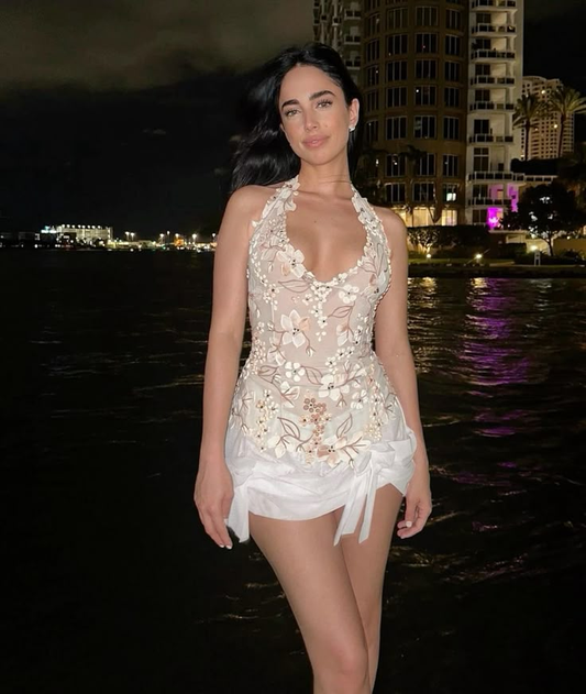 Elegant Halter White Chiffon Lace Floral Flowers Homecoming Dress Sexy Cocktail Dress Short Party Dress cc3411