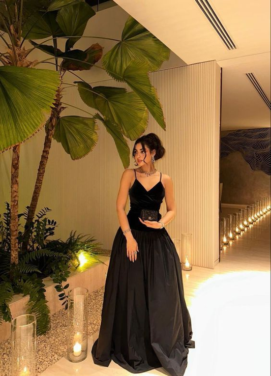 Simple Black Spaghetti Straps Satin Party Prom Dress A Line Evening Dress cc2444