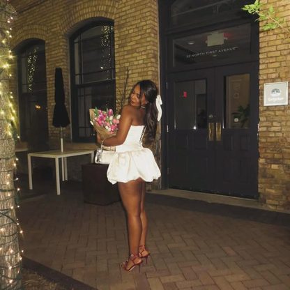 Cute Strapless A Line Satin Homecoming Dress,White Mini Prom Dress Cocktail Dress cc2691