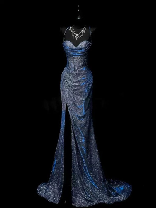 Pretty Mermaid Spaghetti Straps Navy Blue Satin Slit Party Dress cc3016