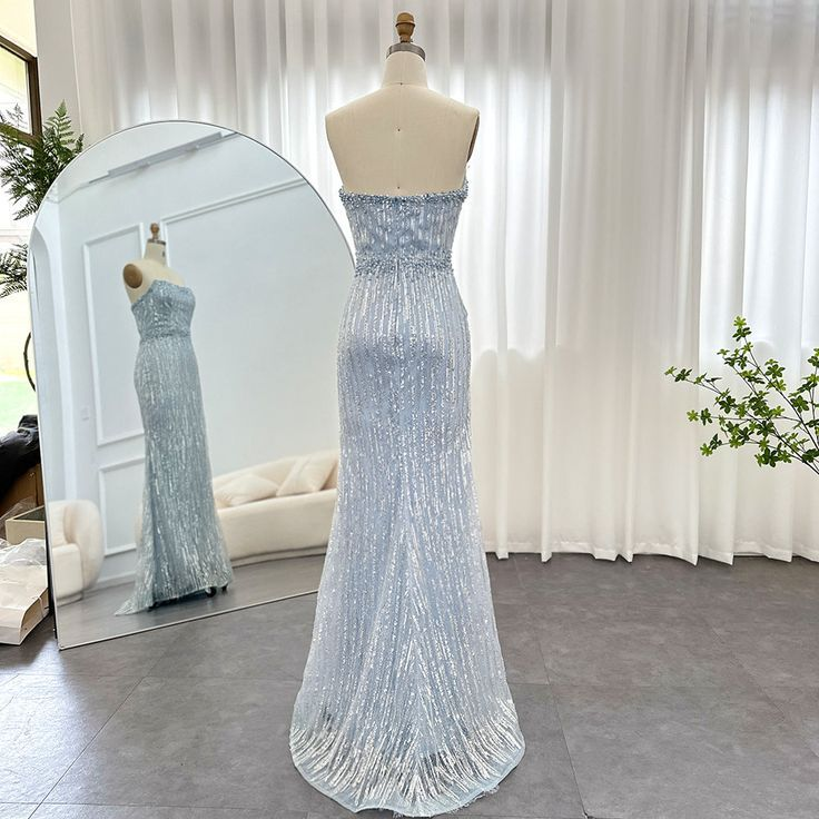 Light Blue Pearls Luxury Dubai Evening Dresses Elegant Strapless Formal Prom Gowns cc1181