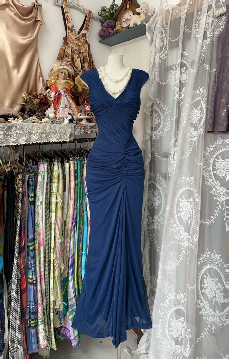 Vintage Mermaid Navy Blue Pleated Floor Length Party Dress Prom Dress cc3004
