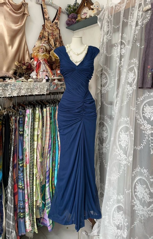 Vintage Mermaid Navy Blue Pleated Floor Length Party Dress Prom Dress cc3004
