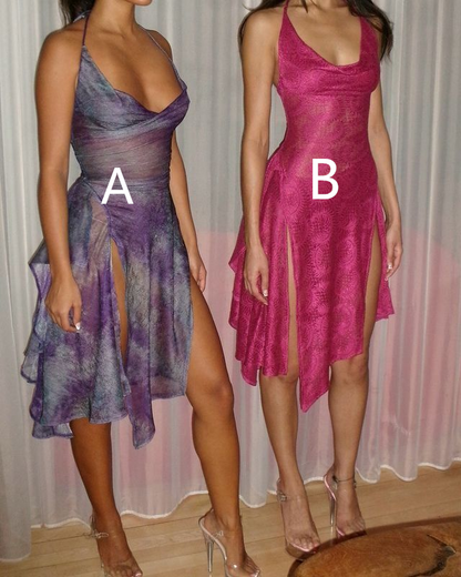 Vintage Halter Purple Chiffon Slit Homecoming Dress,A Line Short Prom Dress cc2950