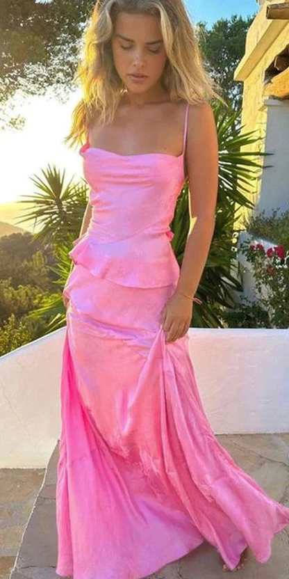 Charming Spaghetti Straps Pink Long Prom Dress Mermaid Evening Dress cc2134