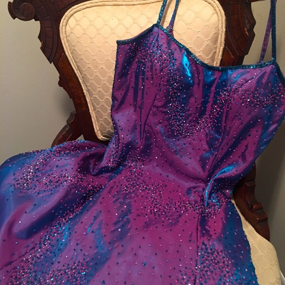 Luxury Spaghetti Straps Purple Satin Beaded Evening Dress Long A Line Prom Dress cc2456