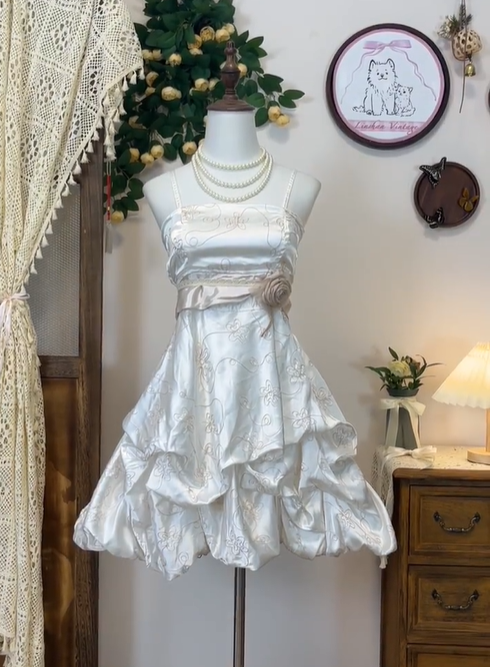 Vintage Spaghetti Straps Satin Flowers A Line Grade Homecoming Dress White Cocktail Dress cc3111