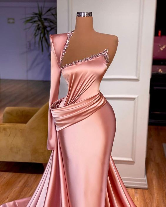 Pink Evening Dress Long One Shoulder Modest Beaded Elegant Luxury Formal Dress cc1170