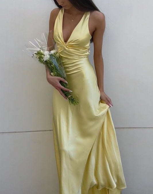Sexy V Neck Yellow Satin Bow Back Party Dress Long Prom Evening Dress cc1892