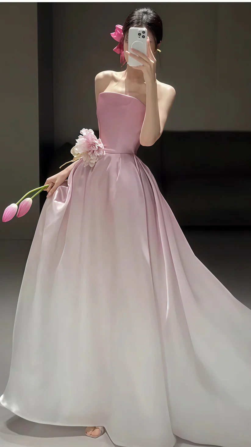 Fairy Ombre Pink Strapless Party Evening Dress,Formal Prom Dress With Flowers cc2238