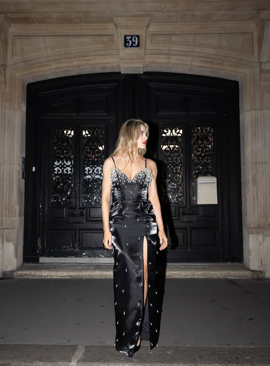 Gorgeous Spaghetti Straps Satin Beaded Slit Evening Dress,Black Prom Party Dress cc2695