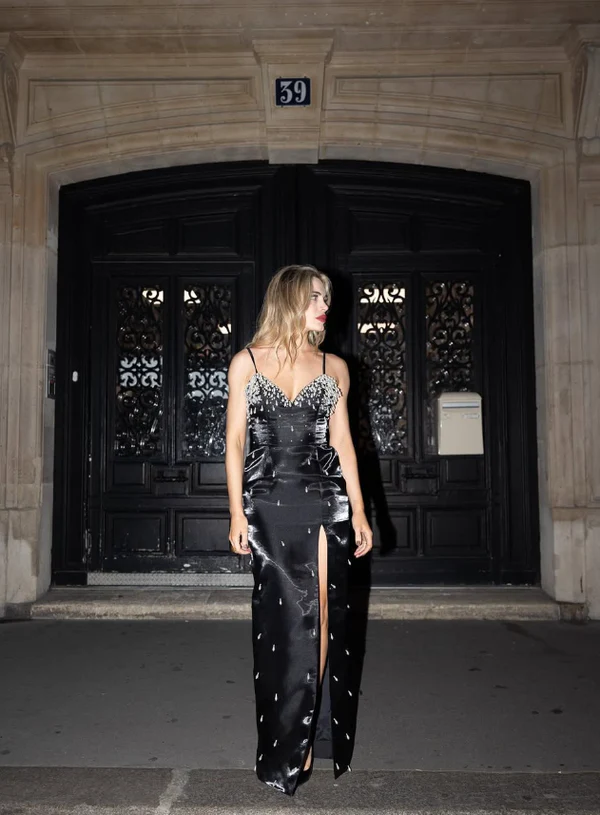 Gorgeous Spaghetti Straps Satin Beaded Slit Evening Dress,Black Prom Party Dress cc2695