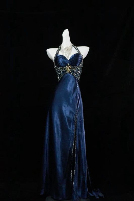 Gorgeous Navy Blue Halter Beaded Satin Memiad Prom Dress Fashion Slit Party Prom Dress cc2460