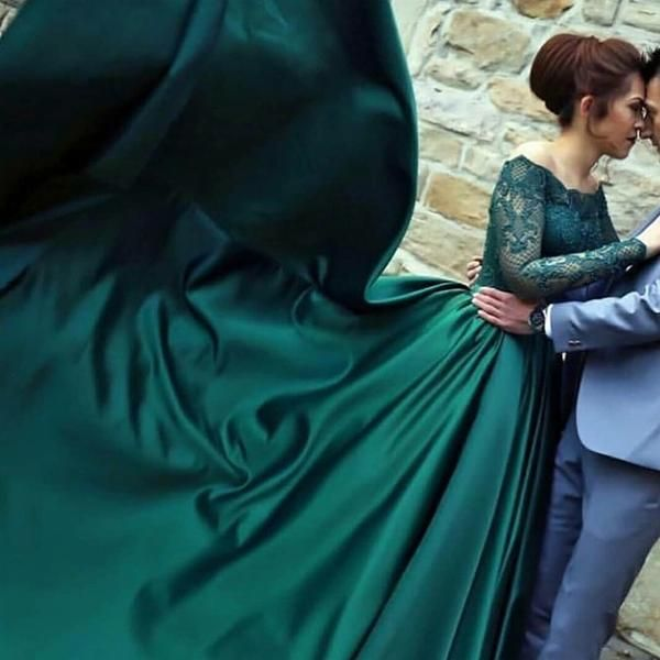modest dark green party dress, off the shoulder prom dresses ,prom dress with long sleeves, evening gowns with lace C1642