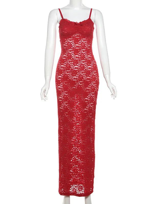 Sexy Red Lace Sheath Prom Dress Spaghetti Straps Party Evening Dress cc1811