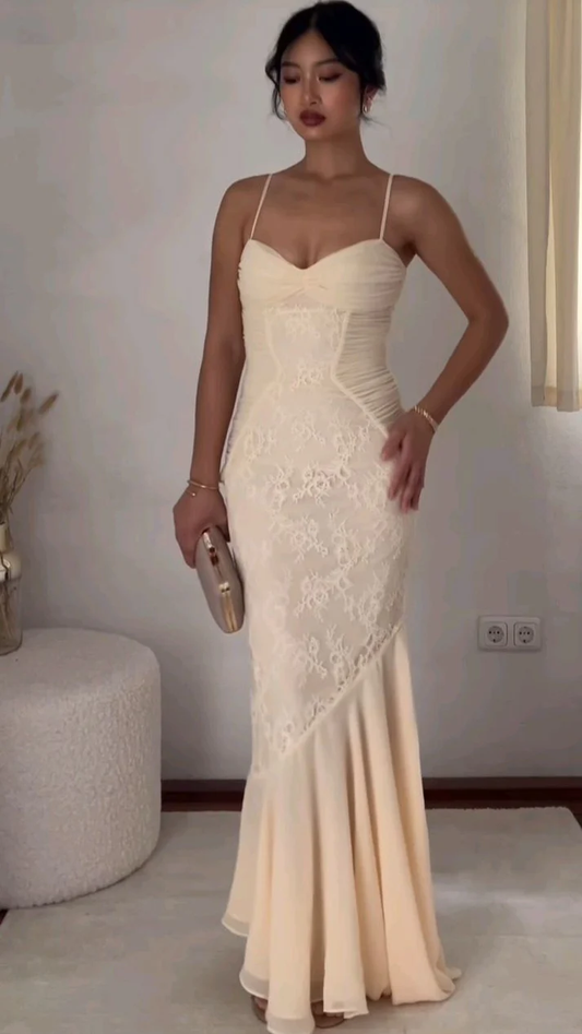 Charming Spaghetti Straps Lace Chiffon Mermaid Prom Dress Formal Evening Dress cc2524