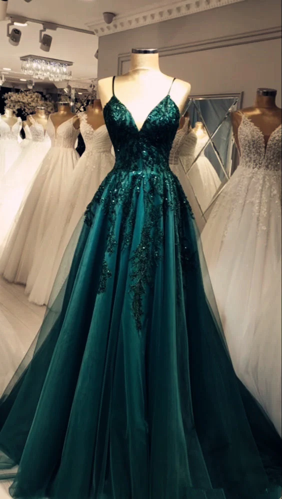 Shiny Green Tulle Sequins Appliques Evening Dress A Line Straps Party Prom Dress cc2449