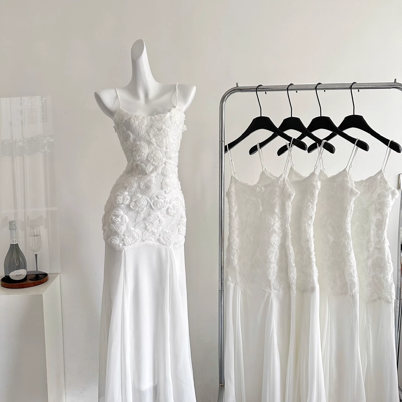 White Suspender Dress French Chiffon Waist Party Dress Mermaid Dress  cc3068