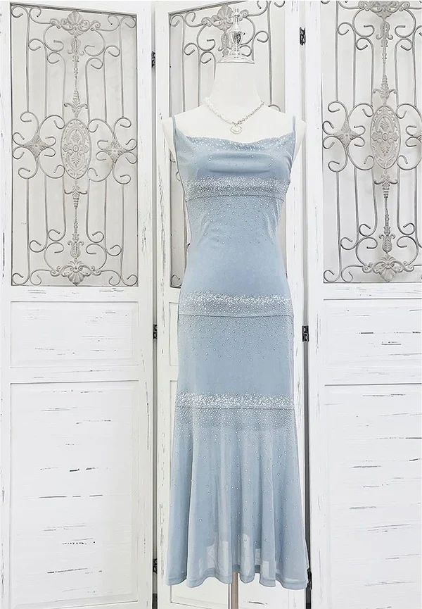 Beautiful Spaghetti Straps Blue Chiffon Beaded Evening Dress,Formal Prom Party Dress cc2677