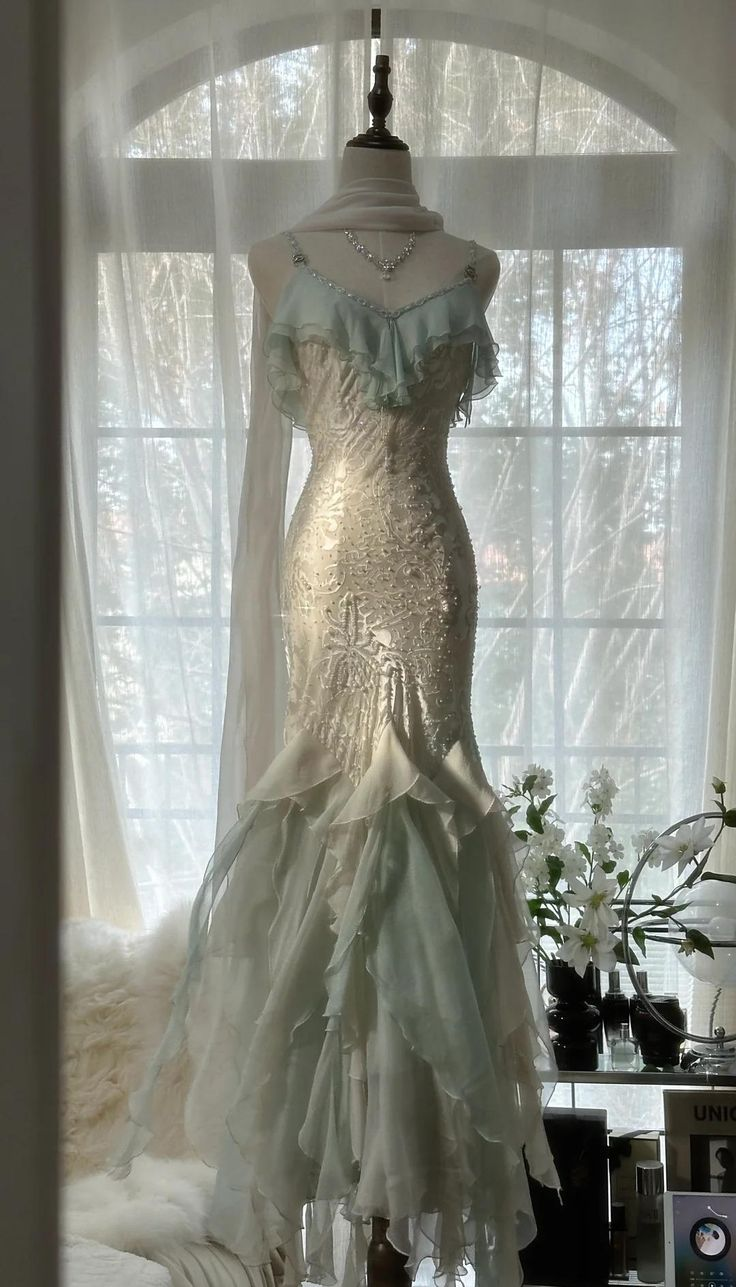 Classy Light Green Chiffon Beaded Mermaid Prom Dress,Spaghetti Straps Party Evening Dress cc2966