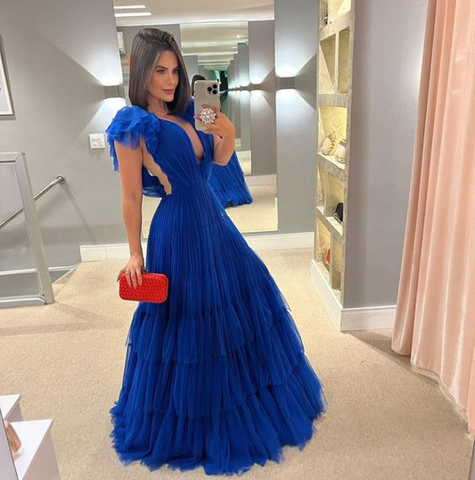 A-line Tulle Long Prom Dress, Royal Blue Prom Dress cc530