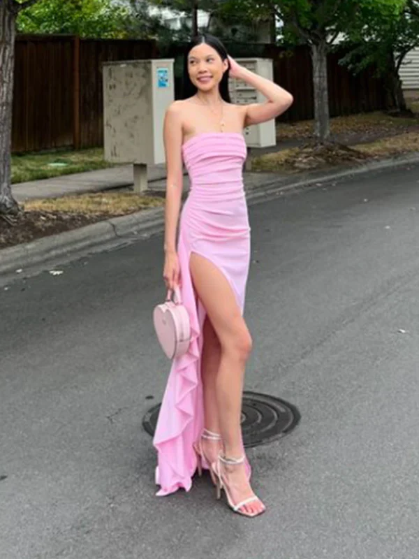 Elegant Pink Strapless Slit Evening Dress Sexy Party Prom Dress With Ruffles cc1840