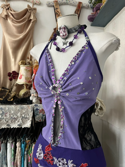 Charming Halter Beaded Sheath Cocktail Dress Birthday Dress Purple Backless Homecoming Dress cc3144
